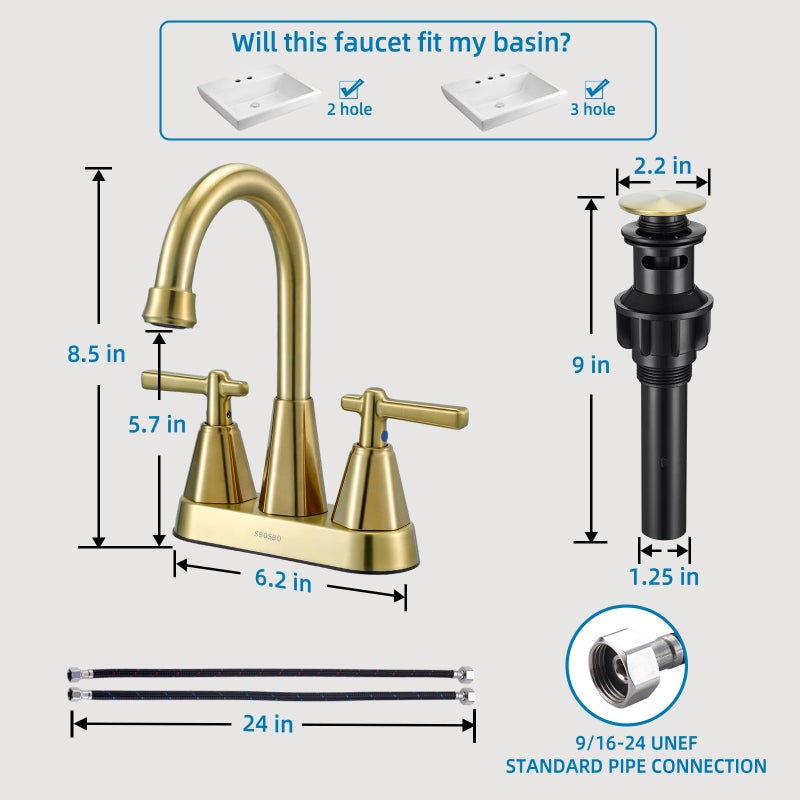 Sbosbo Bathroom Sink Faucet  SBOSBO 4 Inch Bathroom Faucet for Sink 3 Hole  2 Handle Sink Faucet with Pop Up Drain Assembly and 2 Water Supply Hoses for RV Bathroom Vanity (Brushed Gold) - Image 3